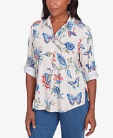 Alfred Dunner Petite Free Spirit Butterfly Button Up Cuffed Sleeve Top