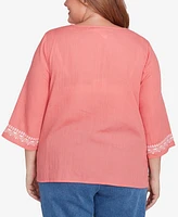 Alfred Dunner Plus Free Spirit Bohemian Floral Embroidered Flutter Sleeve Top