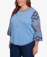 Alfred Dunner Plus Free Spirit Patchwork Sleeve Knit Top with Necklace