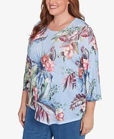 Alfred Dunner Plus Free Spirit Tropical Print Knit Top with Necklace