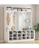 Famapy 63 in. W White Wood 3-in-1 Hall Tree Coat Rack Shoe Storage Bench with 6-Metal Double Hooks, Shoe Rack and Shelves