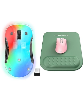 memzuoix 2.4G Wireless Mouse,Ergonomic Mouse Pad with Wrist Support(Led Rechargeable Wireless Mouse + Mouse Pad Green)