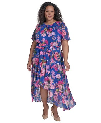 Jessica Howard Plus Floral-Print Belted Flutter-Sleeve Dress