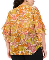 Vince Camuto Plus Floral-Print Ruffled-Sleeve Split-Neck Blouse