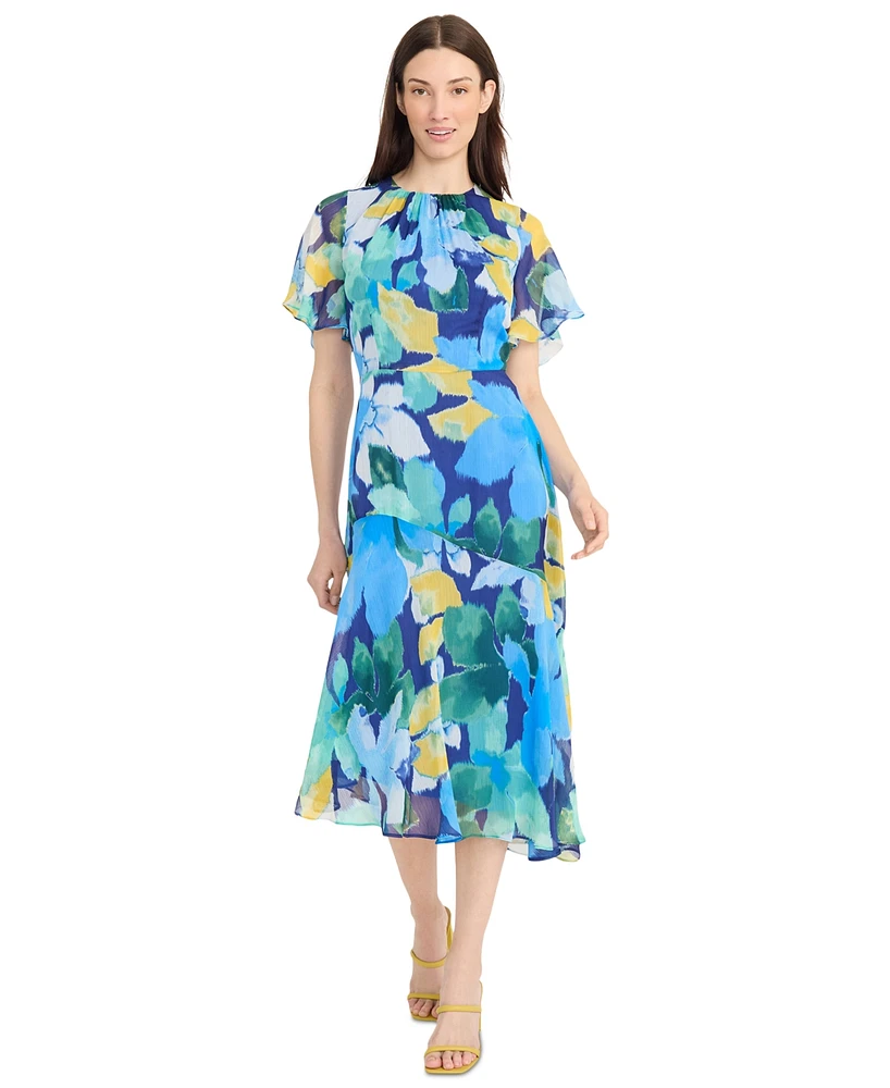 Maggy London Women's Flutter-Sleeve Floral-Print Asymmetrical Dress