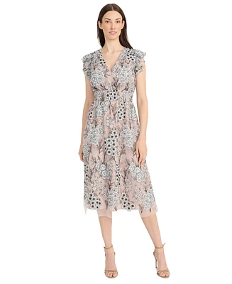 Maggy London Women's V-Neck Floral Mesh Midi Dress