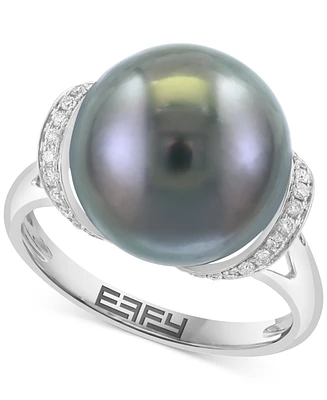 Effy Cultured Black Tahitian Pearl (13mm) & Diamond (1/8 ct. t.w.) Ring in 14k White Gold