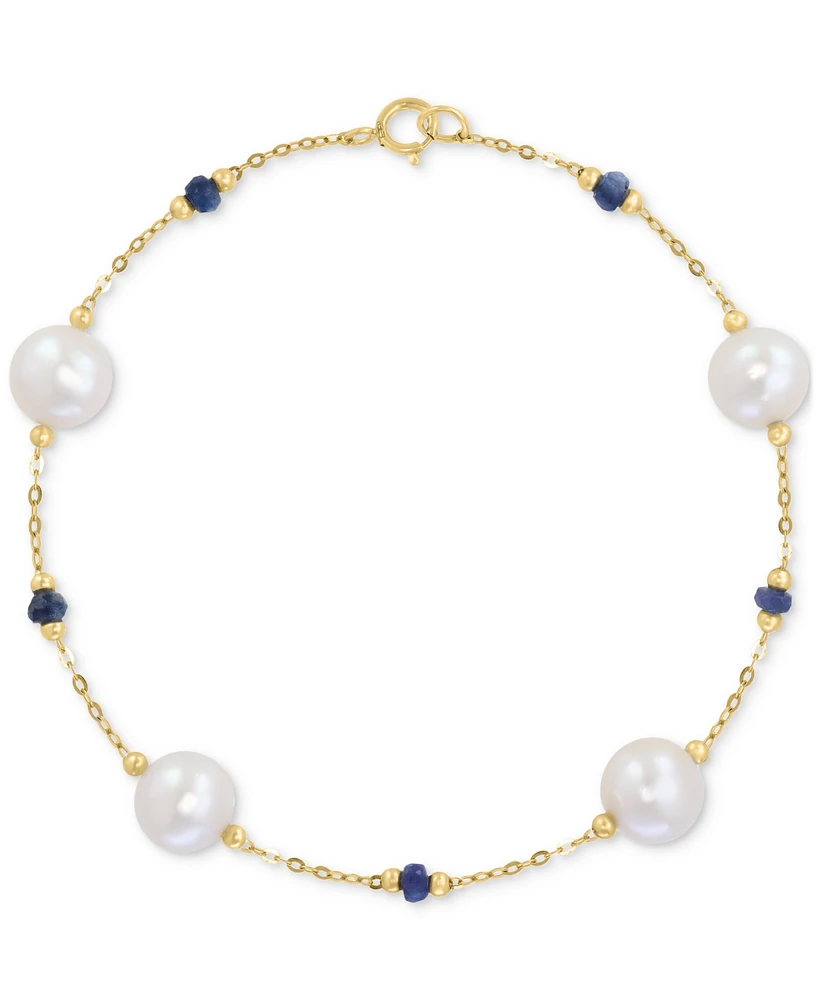 Effy Cultured Freshwater Pearl (8mm) & Sapphire (7/8 ct. t.w.) Link Bracelet in 14k Gold