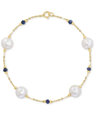 Effy Cultured Freshwater Pearl (8mm) & Sapphire (7/8 ct. t.w.) Link Bracelet in 14k Gold
