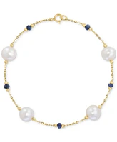 Effy Cultured Freshwater Pearl (8mm) & Sapphire (7/8 ct. t.w.) Link Bracelet in 14k Gold