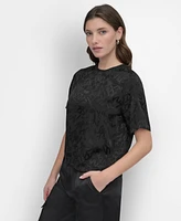 Dkny Women's Scribble-Logo Jacquard Short-Sleeve Top