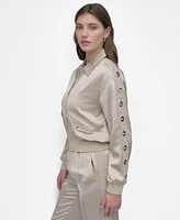Dkny Women's Long-Grommet-Trim-Sleeve Satin Bomber Jacket
