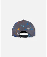 Deux par Deux Baby Boys Printed Cap Orange, Red, And Blue Sharks On Gray