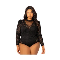 Buxom Couture Women's Plus Long Sleeve Lace Bodysuit