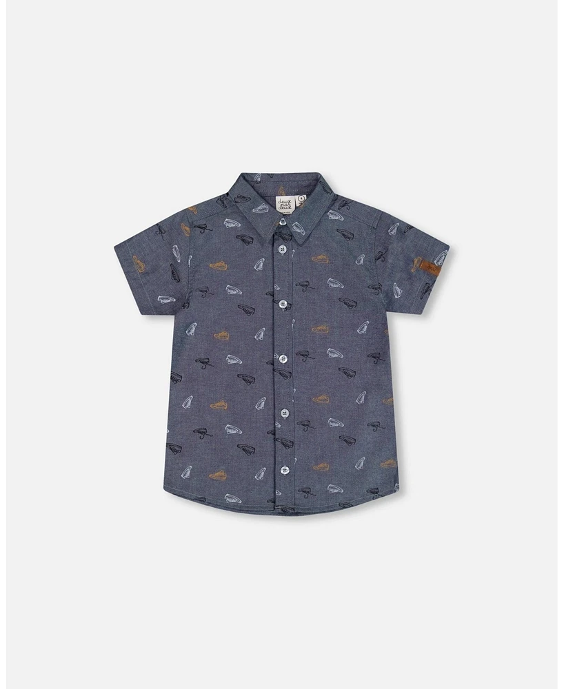 Deux par Big Boys Printed Chambray Short Sleeve Shirt Gray, White And Tan