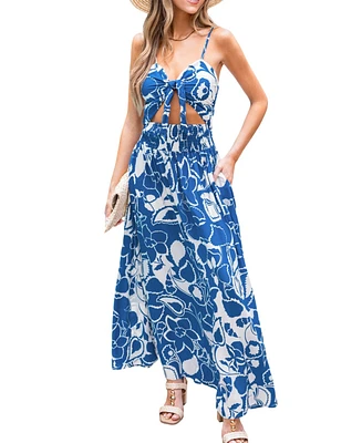 Women's Blue Keyhole Smocked Waist Maxi Beach Dress