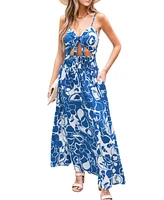 Women's Blue Keyhole Smocked Waist Maxi Beach Dress