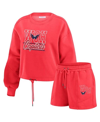 Wear by Erin Andrews Women's Red Washington Capitals Washed Fleece Sweatshirt Shorts Lounge Set