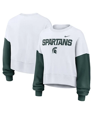 Nike Women's White Michigan State Spartans Color-Block Oversized Cropped Pullover Sweatshirt