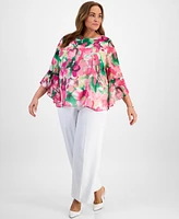 Kasper Plus Floral-Print Bell-Sleeve Blouse