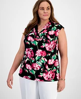 Kasper Plus Size Floral Cowlneck Cap-Sleeve Top