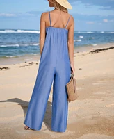 Women's Blue V-Neck Vide Leg Jumpsuit