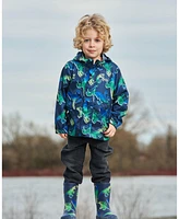 Deux par Boys Printed Packable Windbreaker Blue And Green Dino On Navy