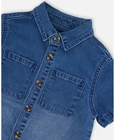 Deux par Toddler Boys Short Sleeve Button Down Shirt Dark Denim Blue - Toddler|Child