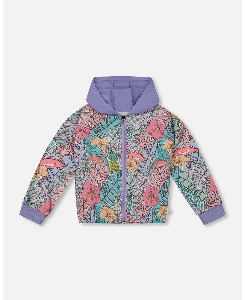 Deux par Toddler Girls Printed French Terry Hoodie Cardigan Lilac Tropical And Pink Flamingos - Toddler|Child