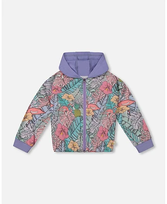 Deux par Toddler Girls Printed French Terry Hoodie Cardigan Lilac Tropical And Pink Flamingos - Toddler|Child