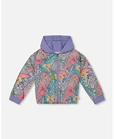 Deux par Toddler Girls Printed French Terry Hoodie Cardigan Lilac Tropical And Pink Flamingos - Toddler|Child