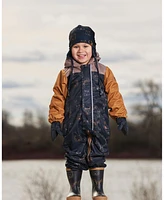 Deux par Baby Boys Printed Mid-Season One-Piece Outerwear With Hat Beige Animals On Black Background