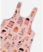 Deux par Big Girls Printed French Terry Overalls Pink And Coral Houses