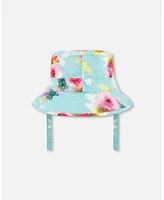 Deux par Baby Girls Printed Beach Sun Hat Turquoise And Pink Flowers