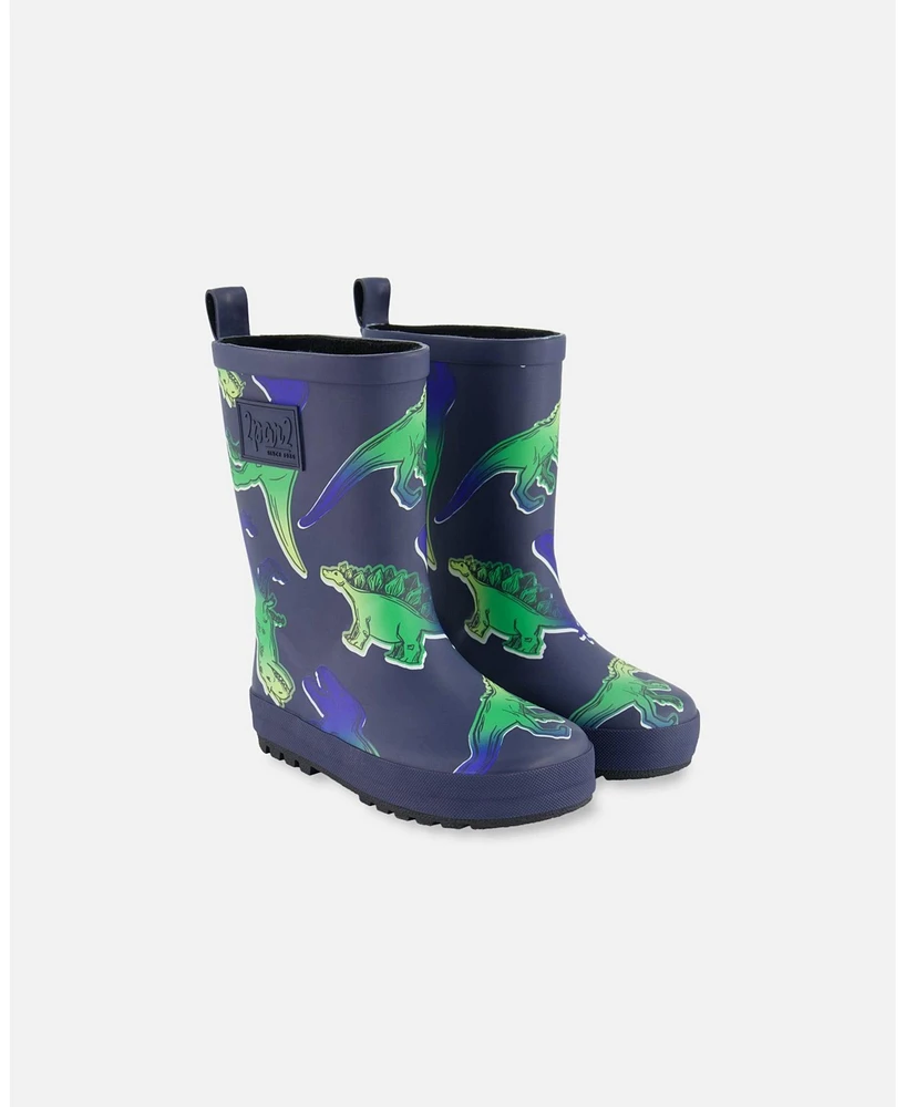 Deux par Little Boys Printed Rain Boots Blue And Green Dino On Navy