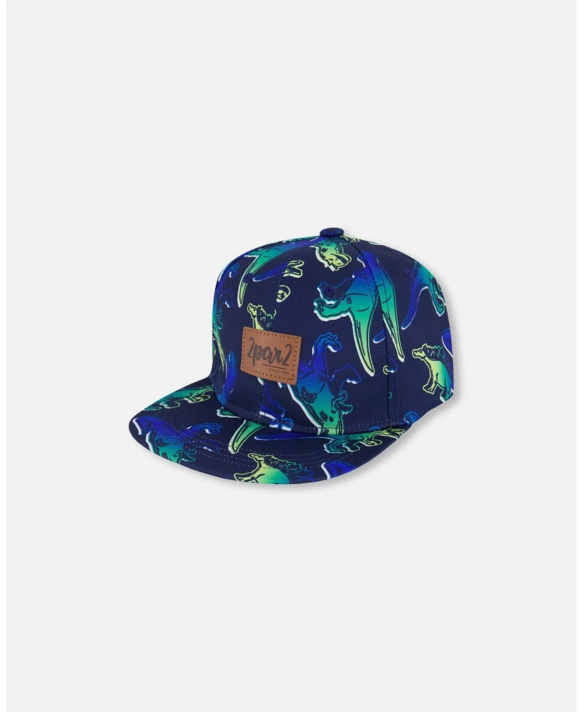 Deux par Boy Printed Cap Blue And Green Dino On Navy - Toddler|Child