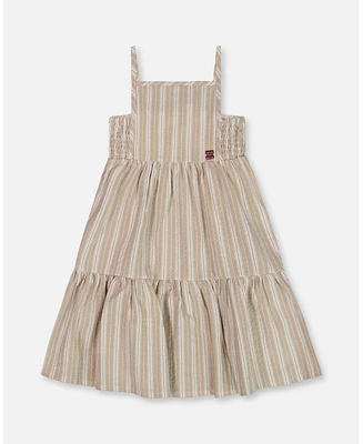 Deux par Toddler Girls Sleeveless Linen Dress White And Sage Striped - Toddler|Child