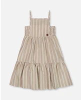 Deux par Toddler Girls Sleeveless Linen Dress White And Sage Striped - Toddler|Child