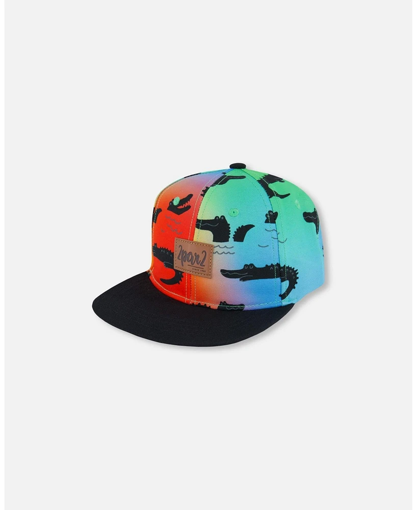 Deux par Deux Baby Boys Printed Cap Black And Multicolored Crocodiles