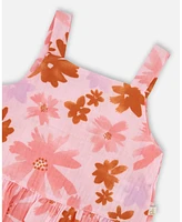 Deux par Big Girls Printed Tank Top And Short Muslin Set With Frills Pink Coral Flowers