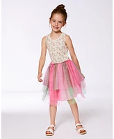 Deux par Big Girls Bi-Material Cotton And Mesh Dress Small Flowers Multicolored Gradient Skirt