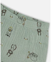 Deux par Deux Baby Boys Printed Muslin Shirt And Short Set Sage Monkey