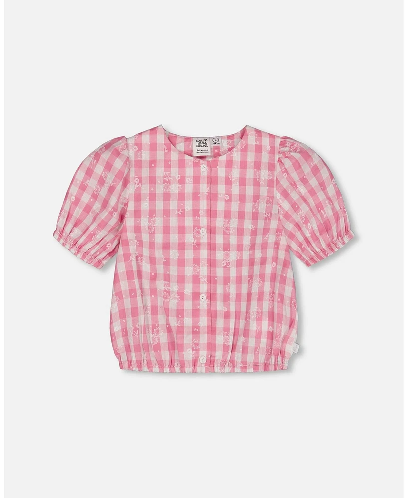 Deux par Big Girls Puff Sleeve Top Pink And White Checks