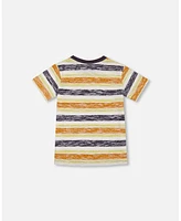 Deux par Deux Big Boys Printed Organic Cotton Tee Navy Striped, Orange, And Lime Green