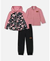 Deux par Toddler Girls 3-In-1 Mid-Season Outerwear Set With Printed Jacket Pink, Black, And Flowers - Toddler|Child