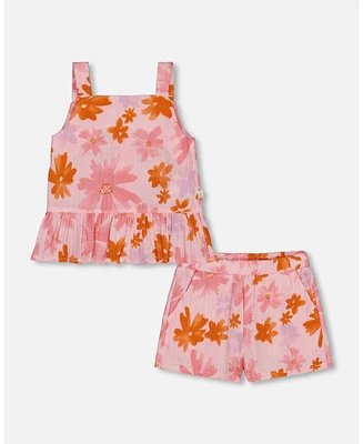 Deux par Toddler Girls Printed Tank Top And Short Muslin Set With Frills Pink Coral Flowers - Toddler|Child