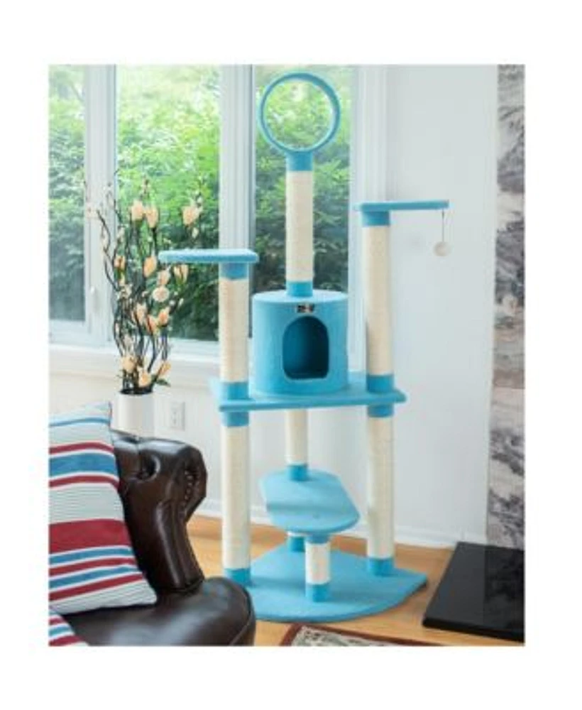 Armarkat B6605 65 Inch Classic Real Wood Cat Tree In Sky Blue With Five Levels Perch Hanging Tunnel Jackson Galaxy Approved