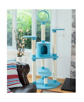 Armarkat B6605 65 Inch Classic Real Wood Cat Tree In Sky Blue With Five Levels Perch Hanging Tunnel Jackson Galaxy Approved