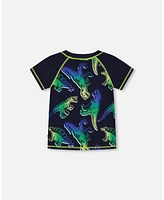 Deux par Baby Boys Short Sleeve Rashguard Blue And Green Dino On Navy