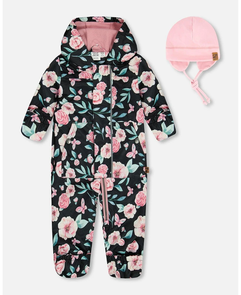 Deux par Baby Girl Printed Mid-Season One-Piece Outerwear With Hat Pink, Black, And Flowers - Infant